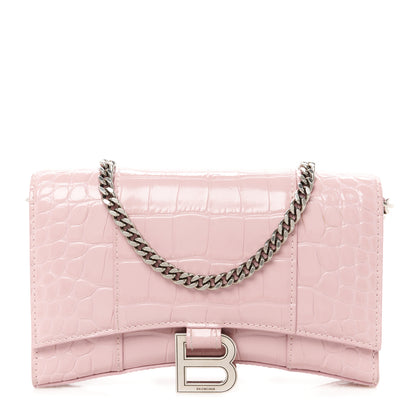 Balenciaga Shiny Calfskin Crocodile Embossed Hourglass Chain Bag Powder Pink 1 of 11