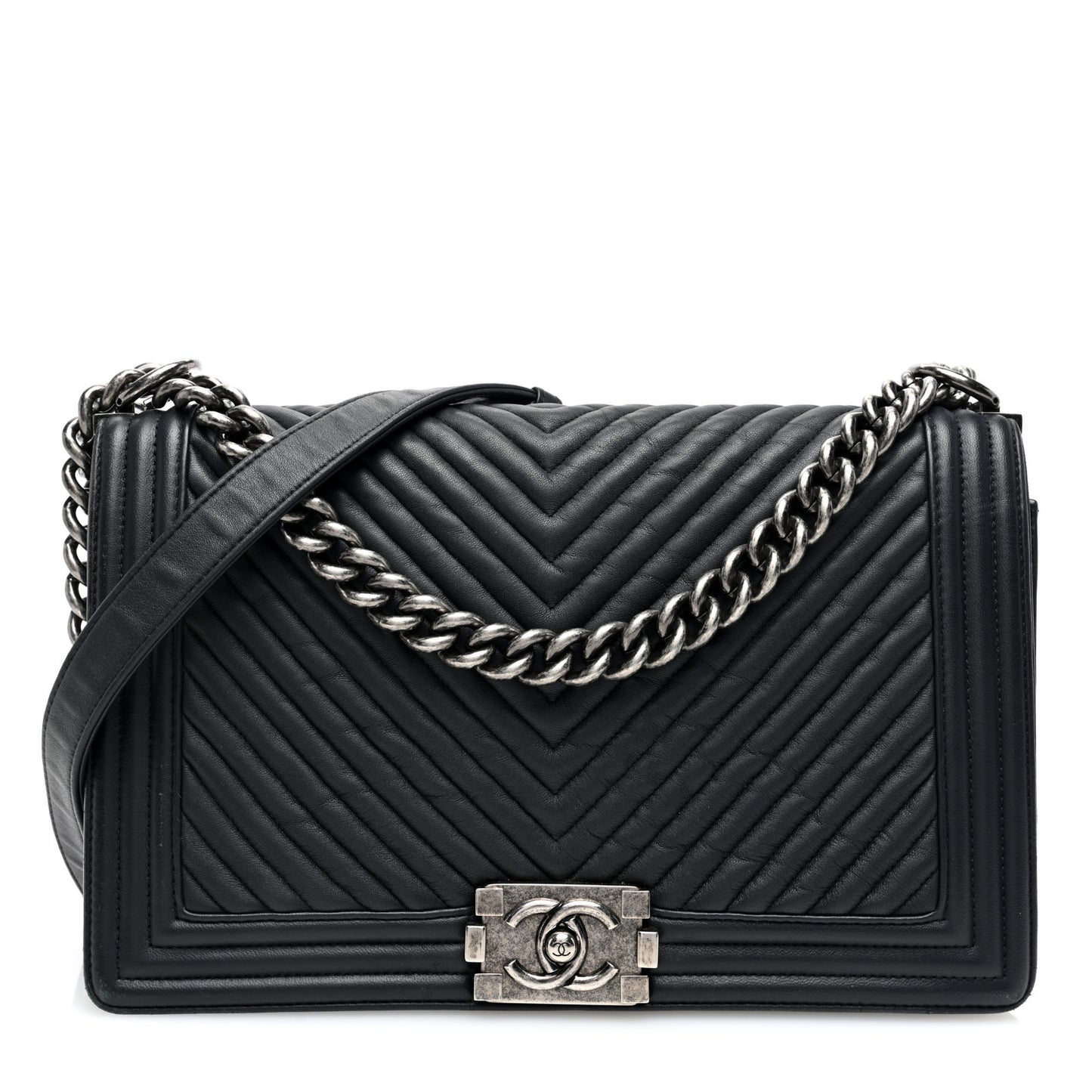 Wrinkled Lambskin Chevron Quilted Medium Boy Flap Black