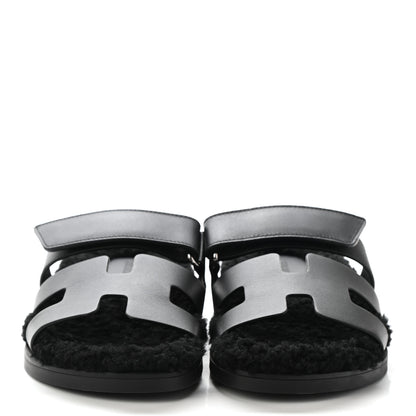 Hermes Calfskin Woolskin Womens Chypre Sandals 37 Black 2 of 9