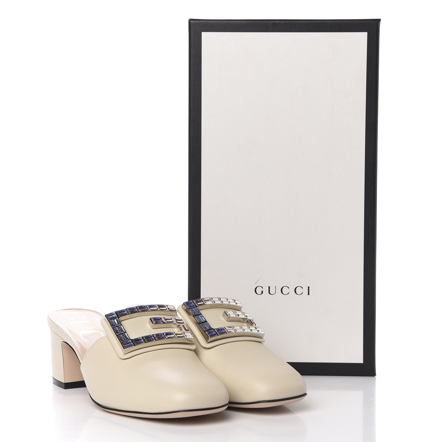 Gucci Malaga Kid Crystal Square G Madelyn Mules 36 Vintage White 10 of 10