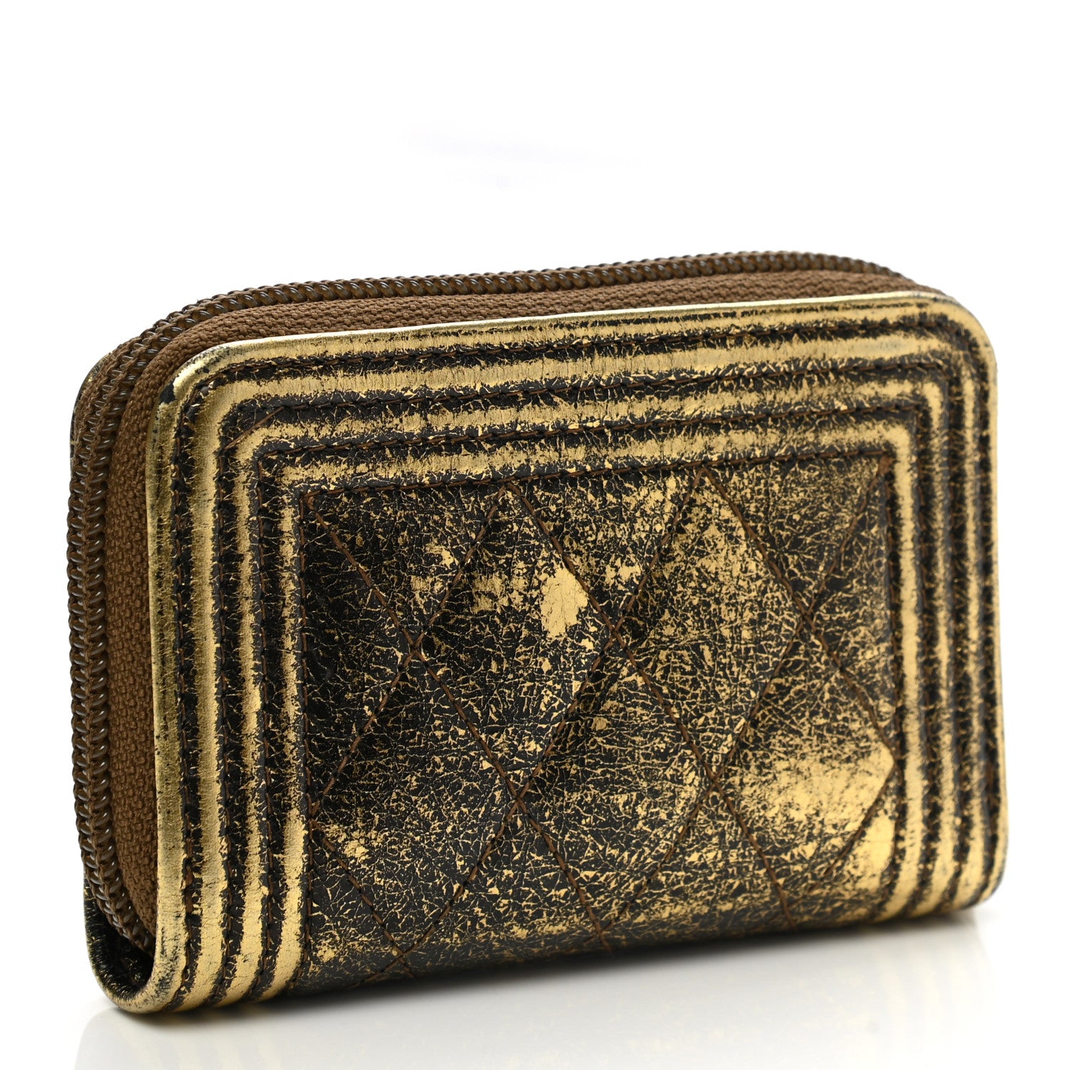 Chanel Cracked Metallic Calfskin Quilted Boy Zip Around Coin Purse Wallet Gold 3 of 8