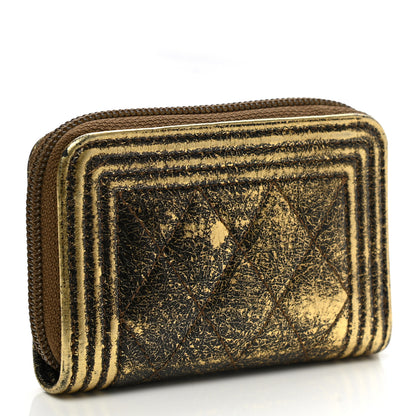 Chanel Cracked Metallic Calfskin Quilted Boy Zip Around Coin Purse Wallet Gold 3 of 8