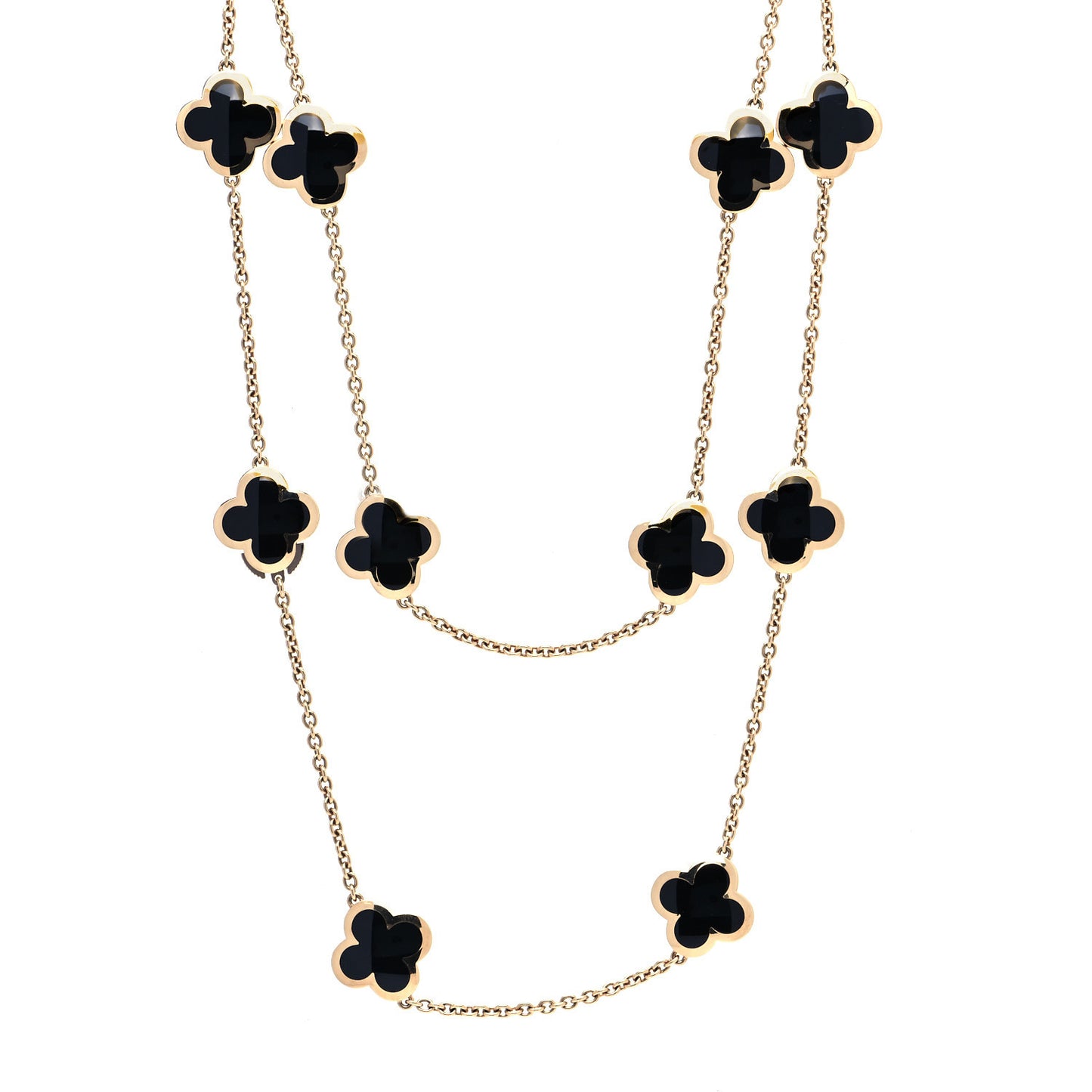 18K Yellow Gold Black Onyx Pure 14 Motifs Alhambra Necklace