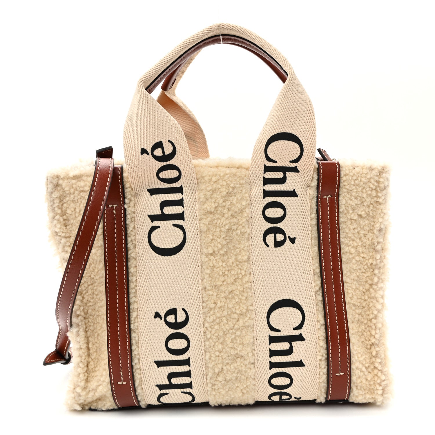 Chloe Shearling Calfskin Small Woody Ribbon Tote With Strap Mild