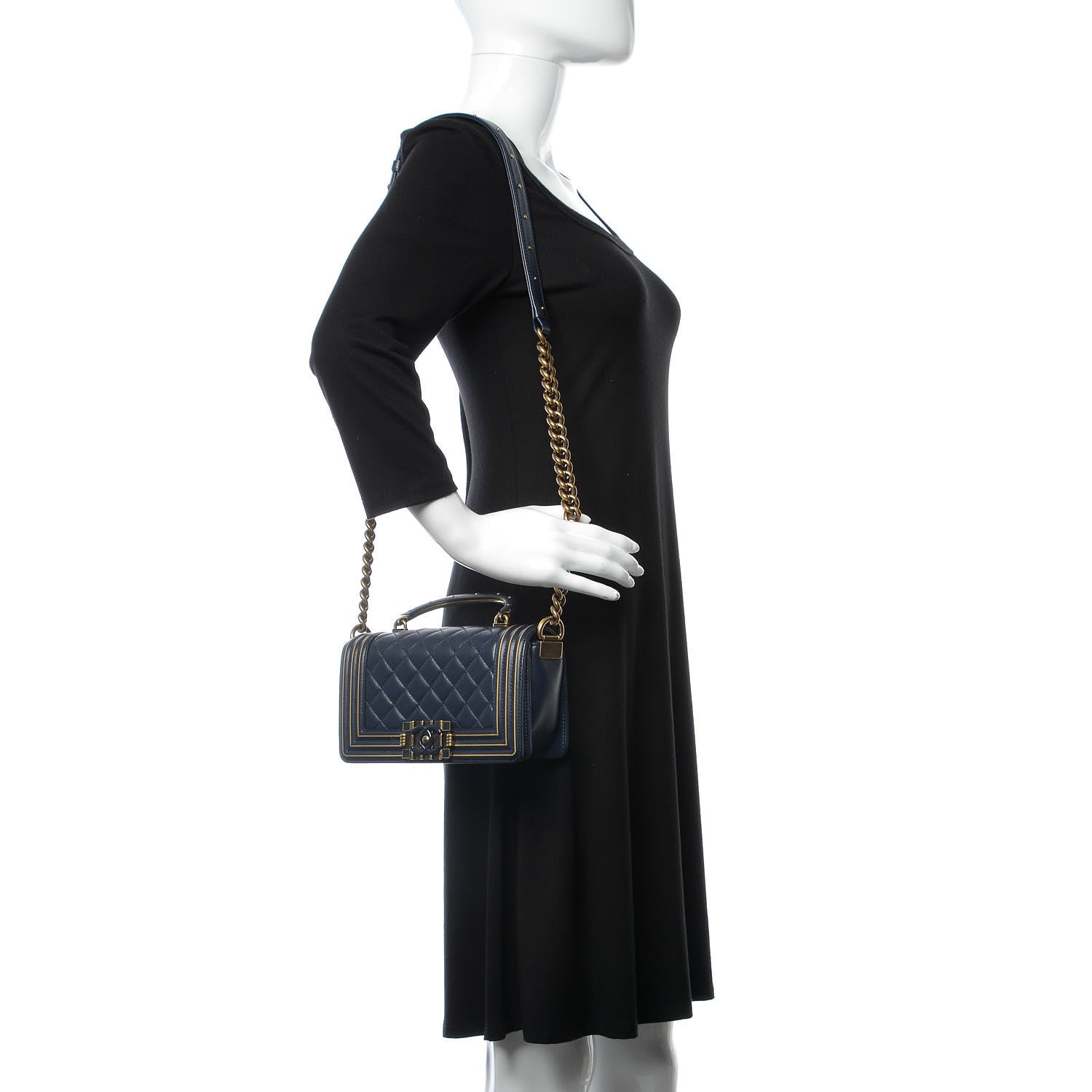 Chanel Lambskin Quilted Small Boy Studded Handle Flap Blue Gold 2 of 9