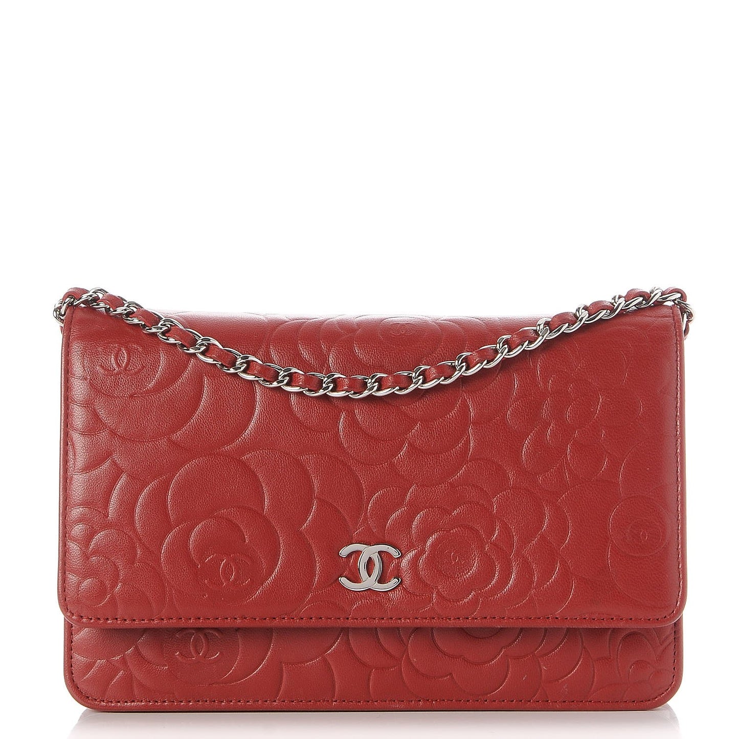 Lambskin Camellia Embossed Wallet On Chain WOC Dark Red