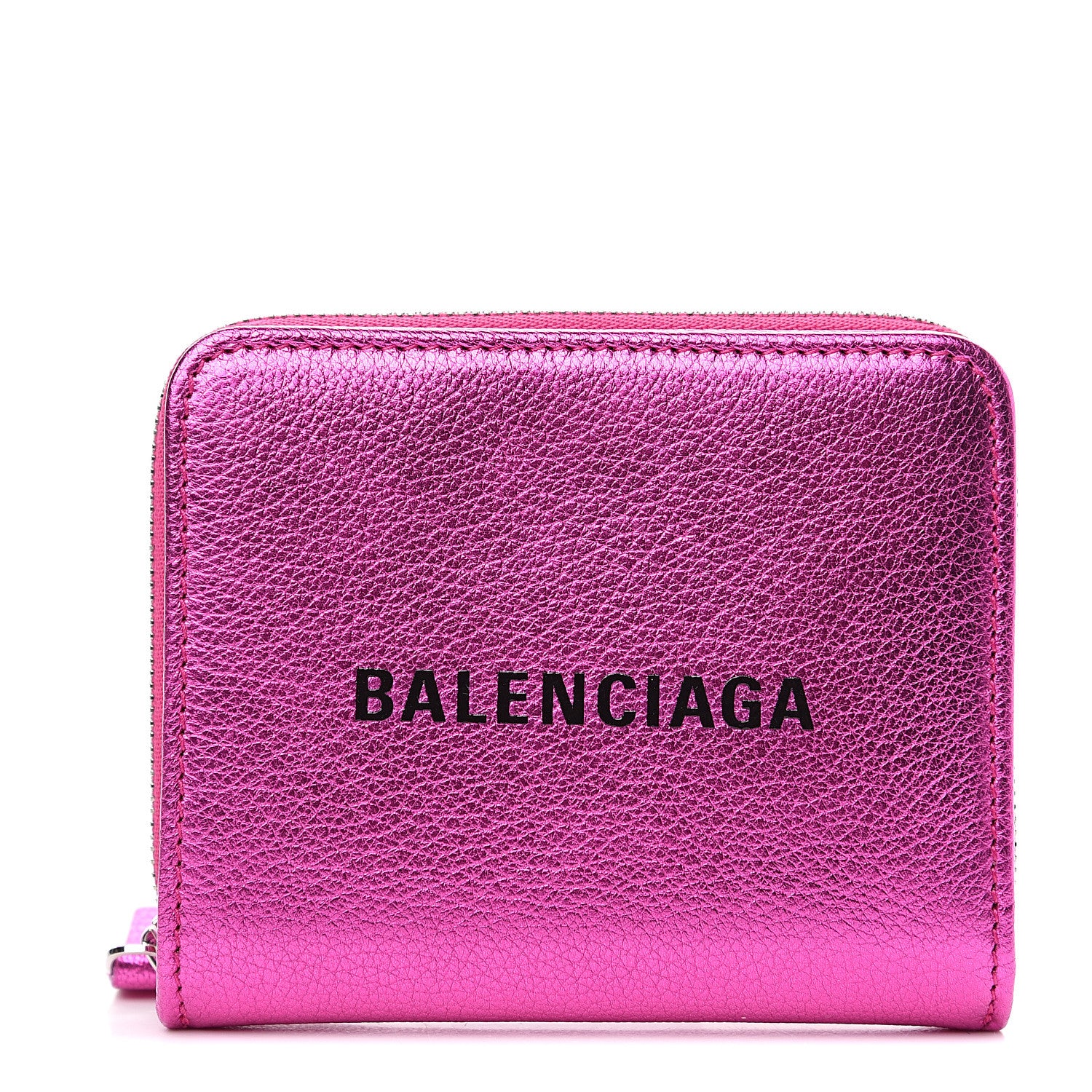 Balenciaga Metallic Goatskin Logo Everyday Multi Zip Wallet Rose Fuchsia Black 1 of 7