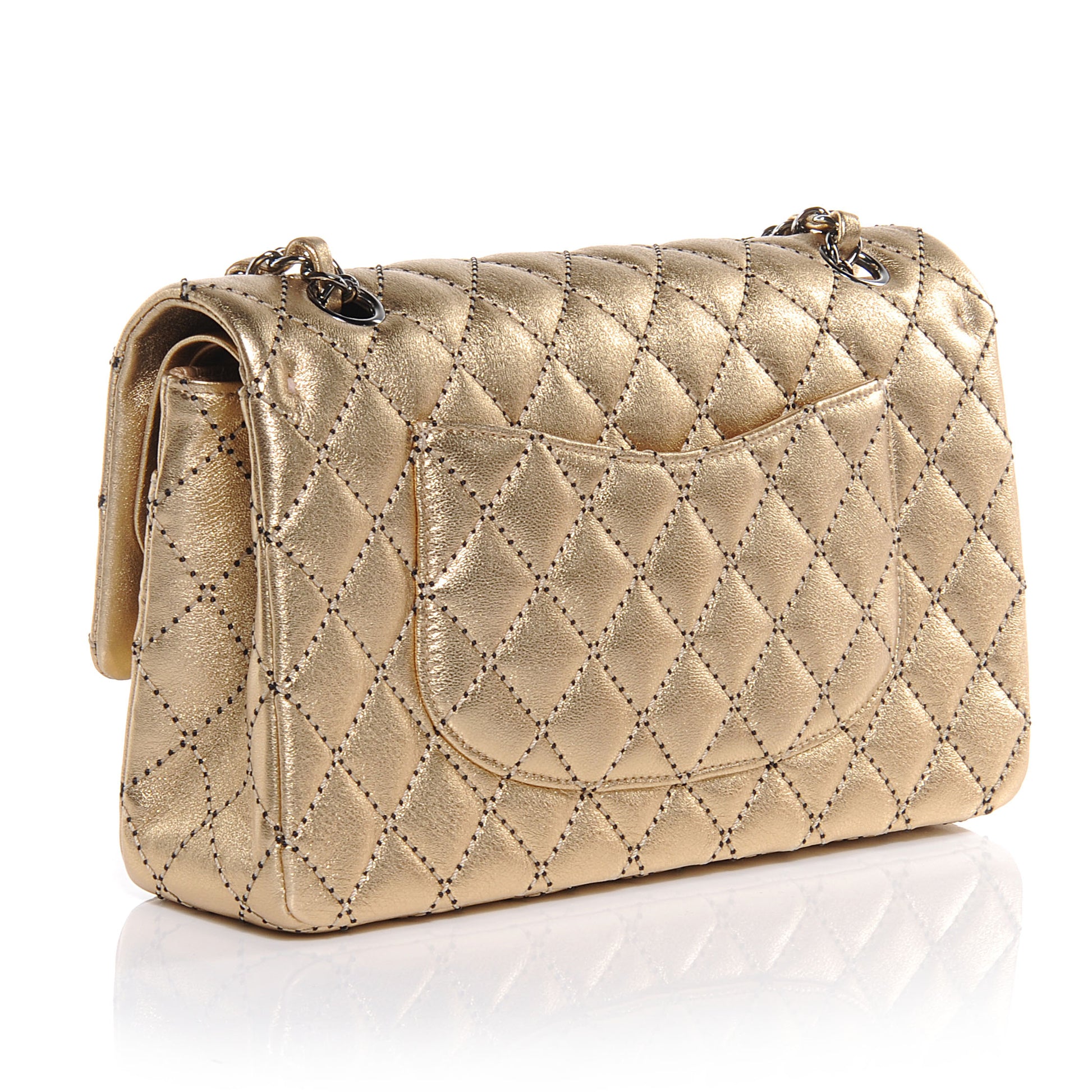 Chanel Metallic Washed Lambskin Quilted Medium Double Flap Dark Gold Black 3 of 8