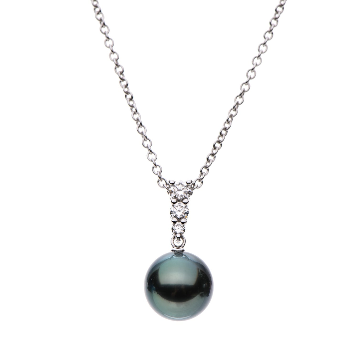 18K White Gold Diamond Black South Sea Pearl 10mm Morning Dew Pendant Necklace
