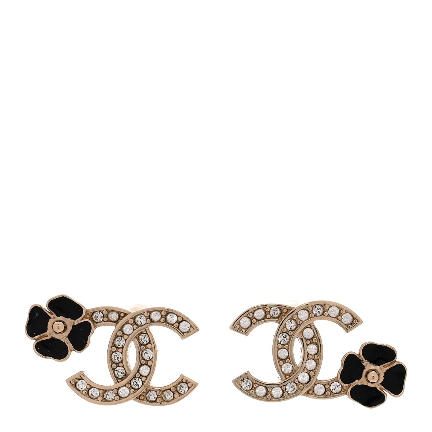 Metal Resin Crystal CC Flower Earrings Black Gold