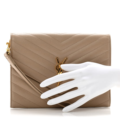 Saint Laurent Grain De Poudre Matelasse Chevron Monogram Envelope Clutch Dark Beige 2 of 8