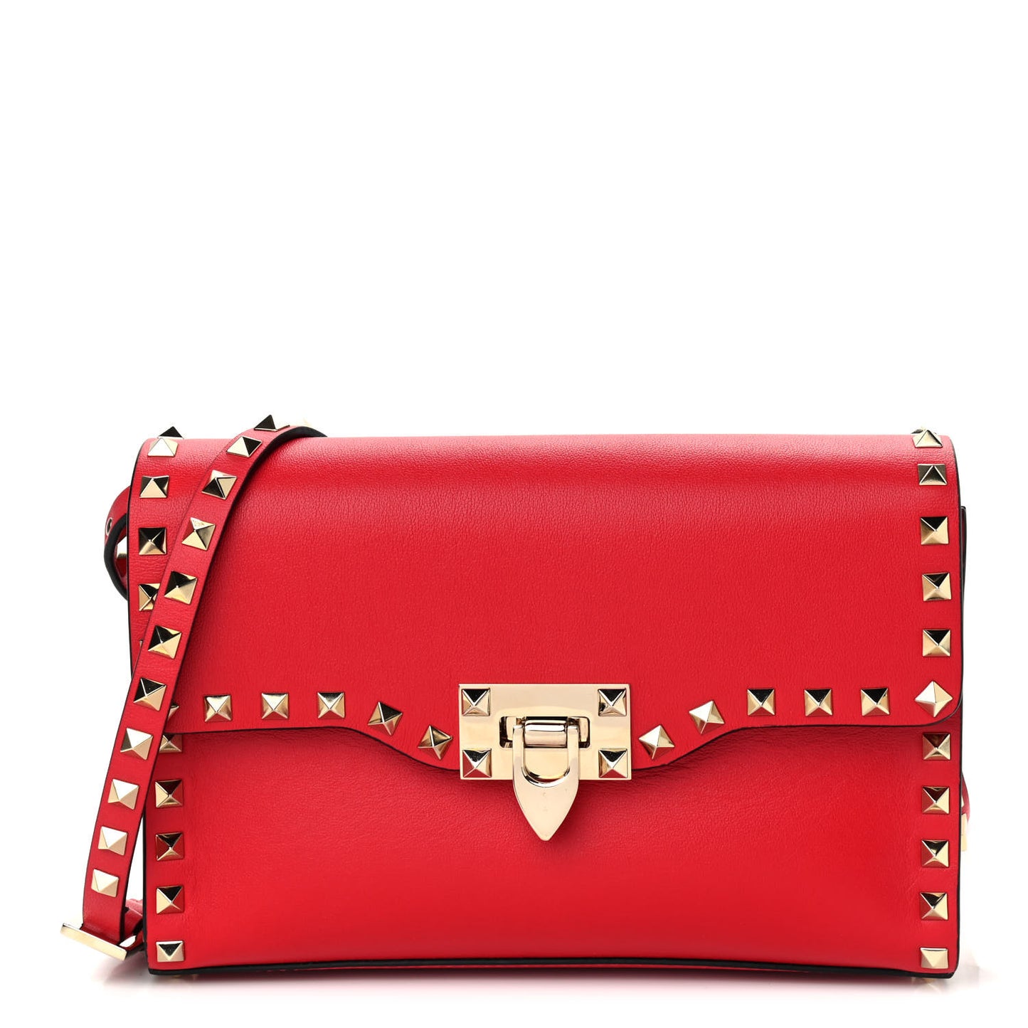 Vitello Medium Rockstud Flip Lock Crossbody Bag Rouge Pur