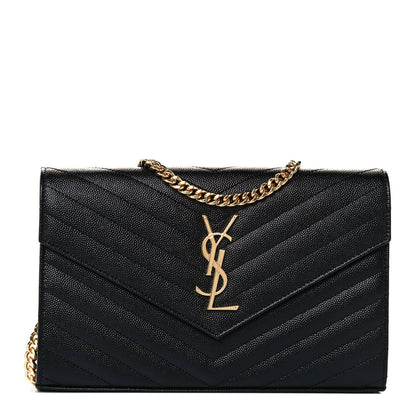 Saint Laurent Grain De Poudre Matelasse Chevron Monogram Chain Wallet Black 1 of 9