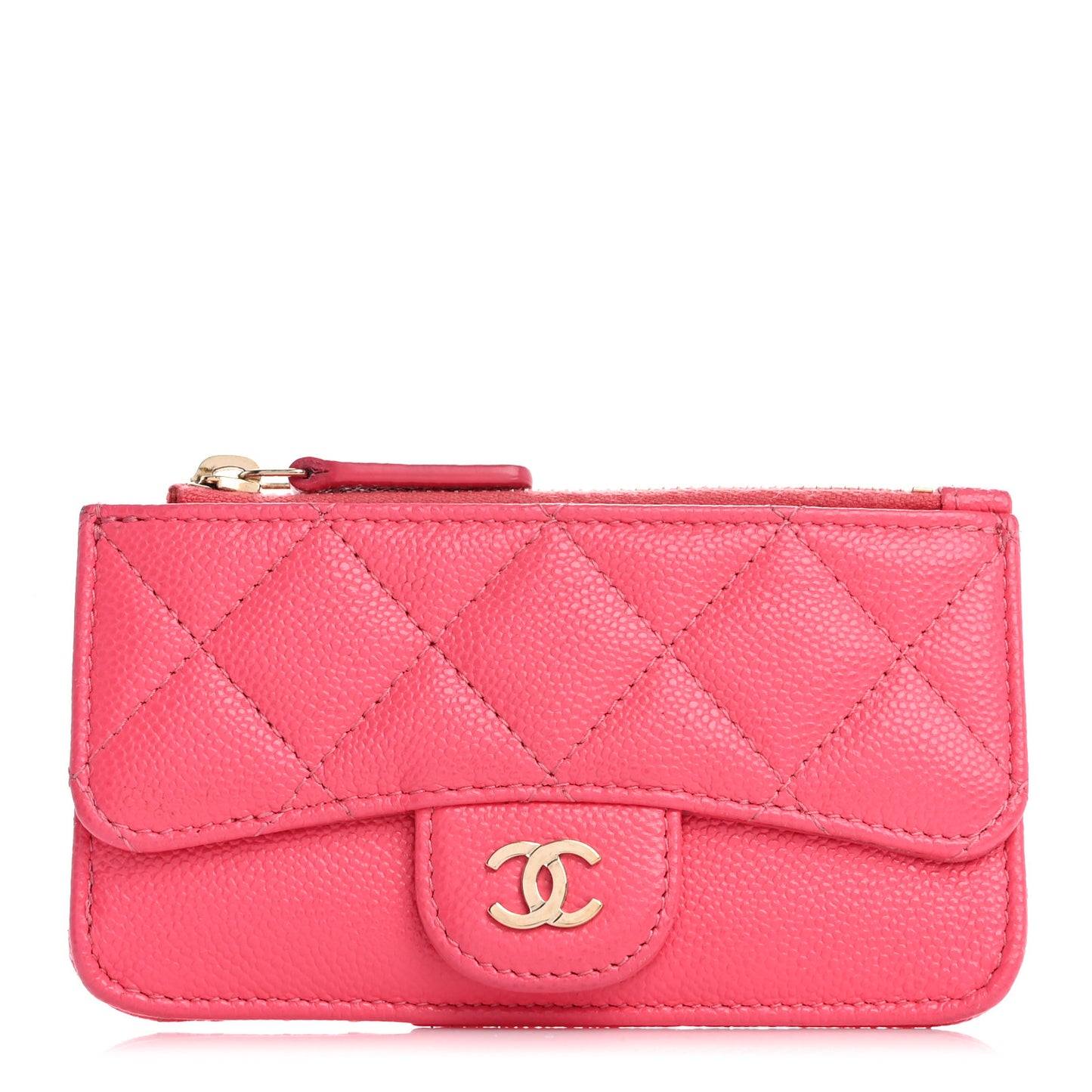 Caviar Quilted Flap Zip Card Holder Dark Pink