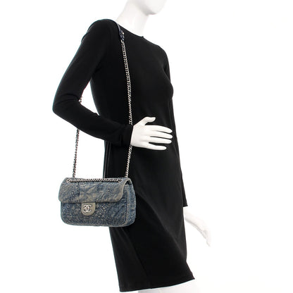 Chanel Denim Quilted Camellia Embroidered Medium Flap Blue 2 of 7