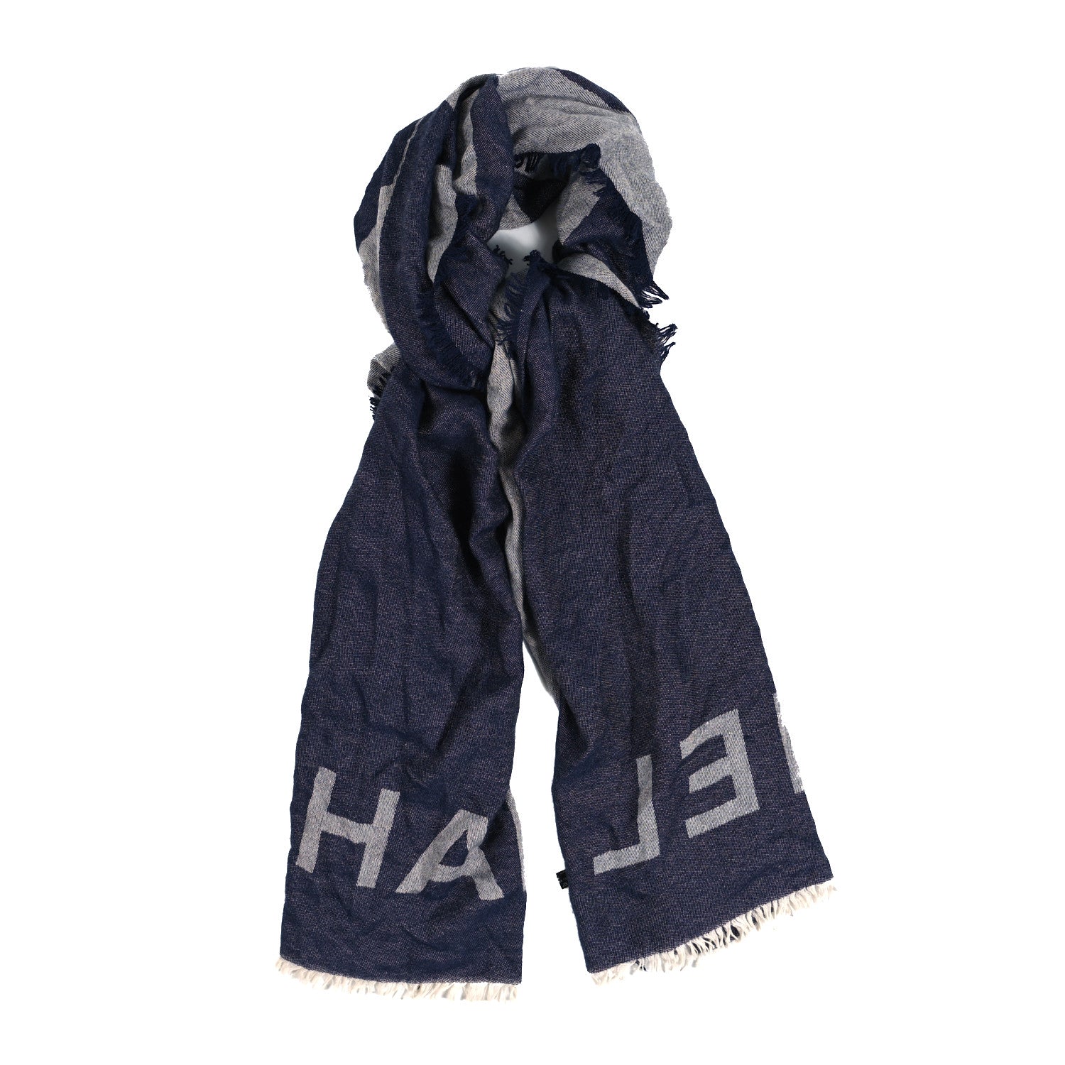 Chanel Cashmere Silk CC Logo Fringe Scarf Blue 1 of 3