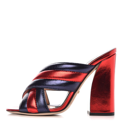 Gucci Metallic Nappa Webby Crossover High Heel Slide Sandals 37.5 Night Flame Red 1 of 10