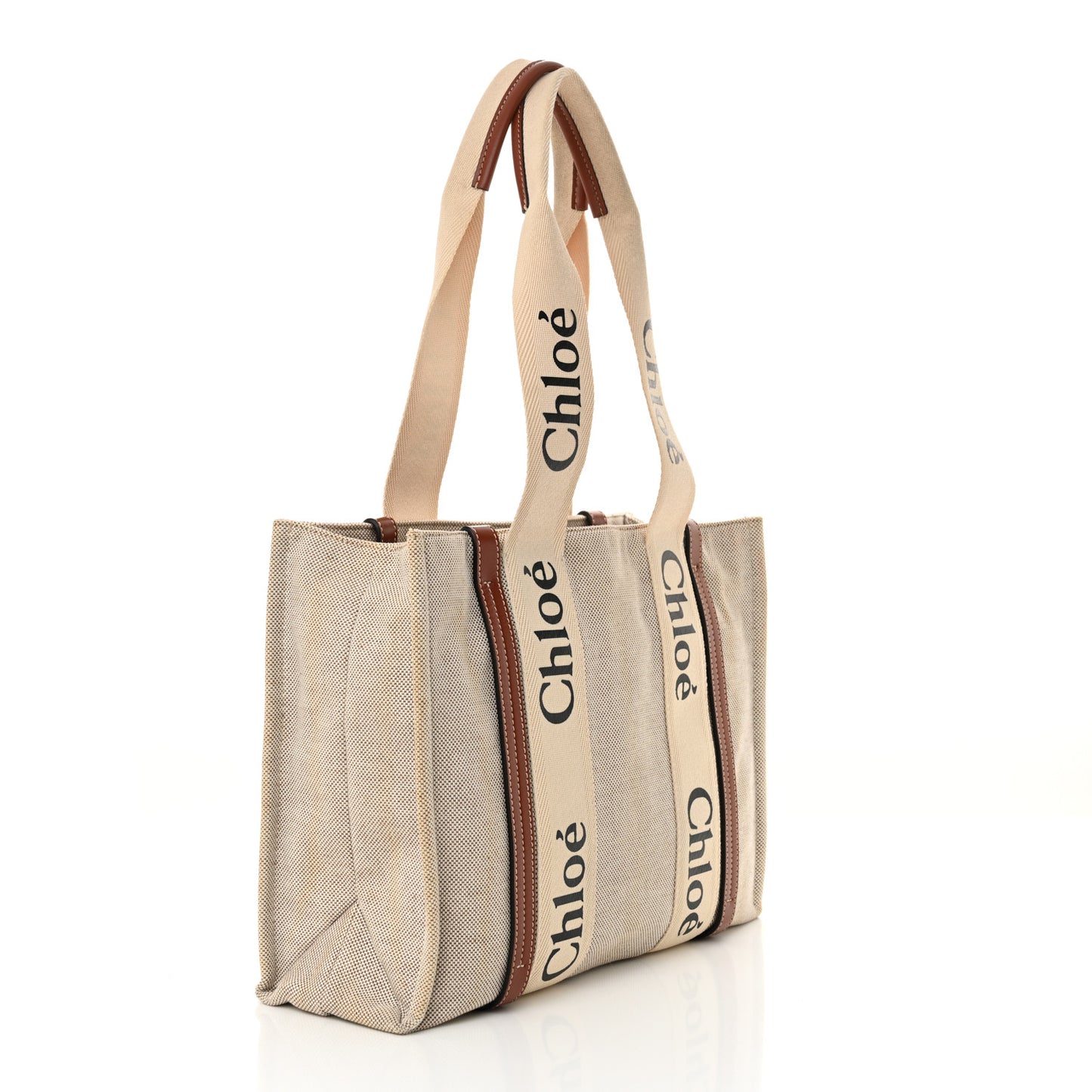 Linen Calfskin Medium Woody Ribbon Tote White Brown