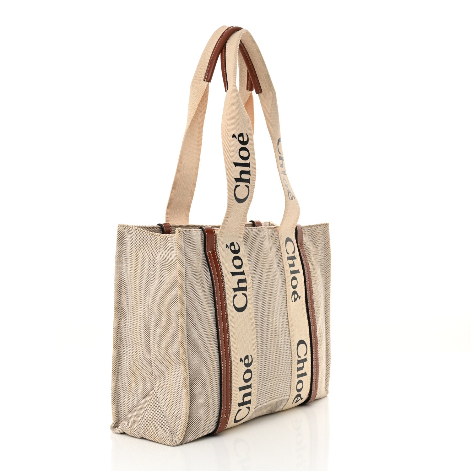 Chloe Linen Calfskin Medium Woody Ribbon Tote White Brown 3 of 18