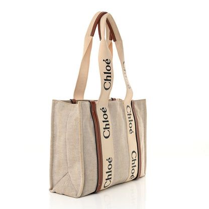 Chloe Linen Calfskin Medium Woody Ribbon Tote White Brown 3 of 18