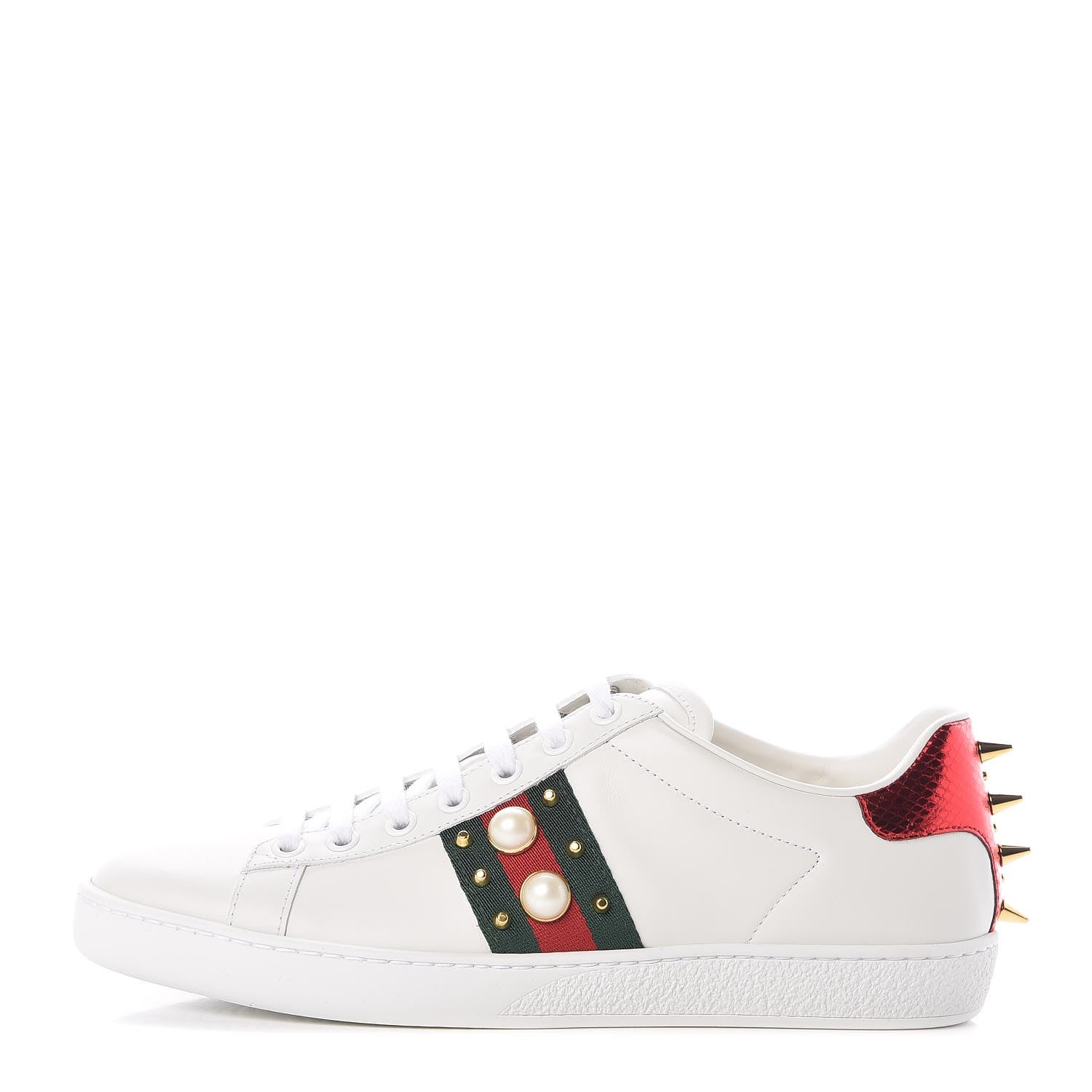 Gucci Calfskin Web Pearl Studded Womens Ace Sneakers 37.5 White 1 of 9