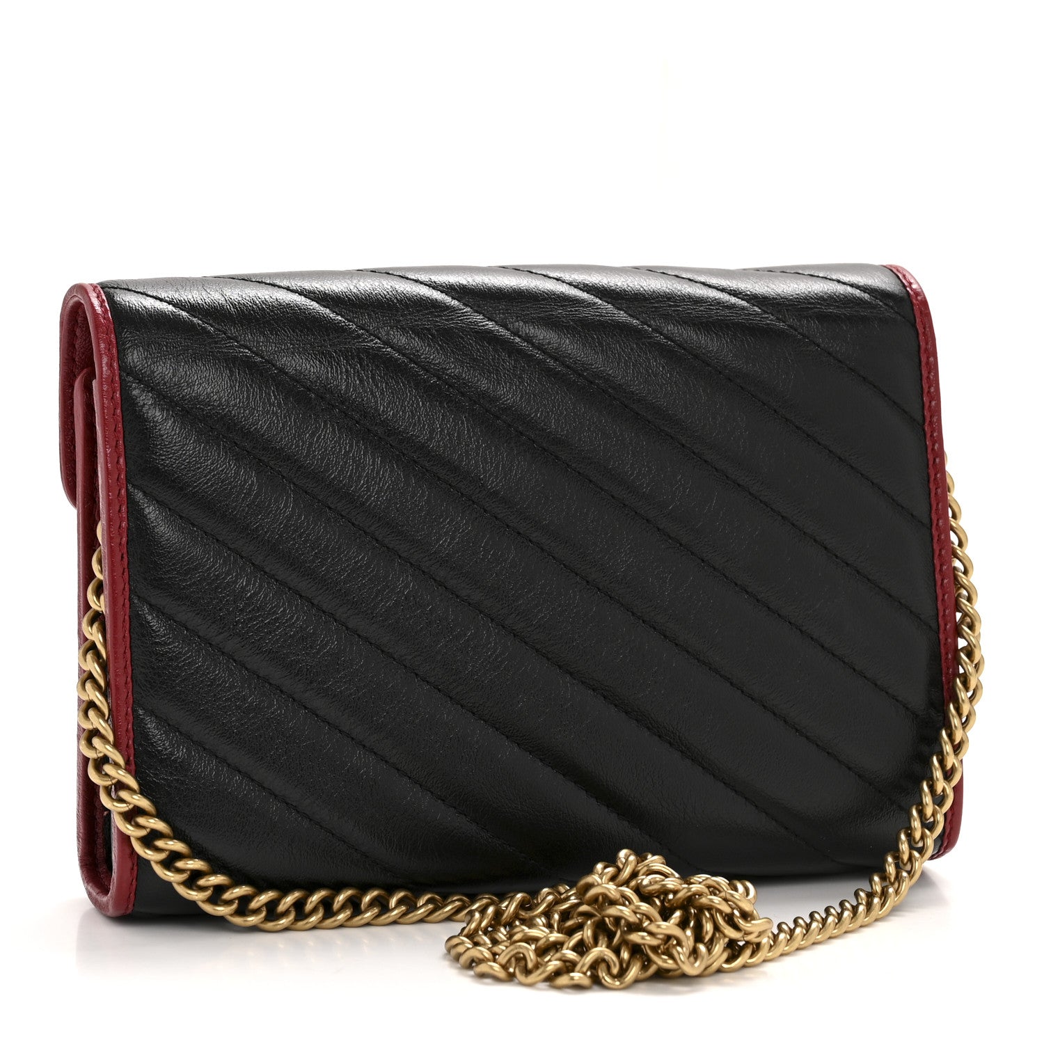 Gucci Vintage Effect Calfskin Matelasse Diagonal Torchon GG Marmont Chain Wallet Black Romantic Cherry 3 of 12