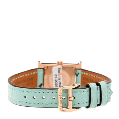 Hermes 18K Rose Gold Alligator Diamond Bezel Amazonite 17.2mm Heure H Hour Quartz Watch Bleu Aqua 3 of 4