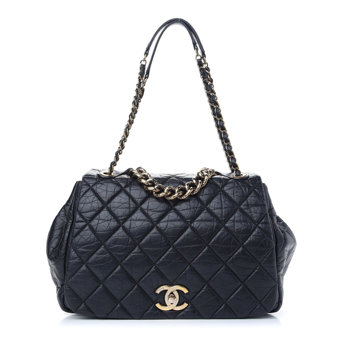 Aged Calfskin Quilted Large Pondichery Flap Black
