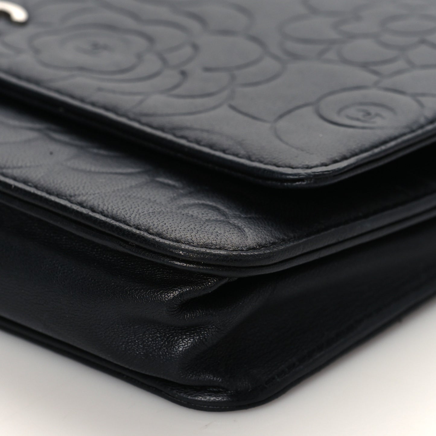 Lambskin Camellia Embossed Wallet on Chain WOC Black