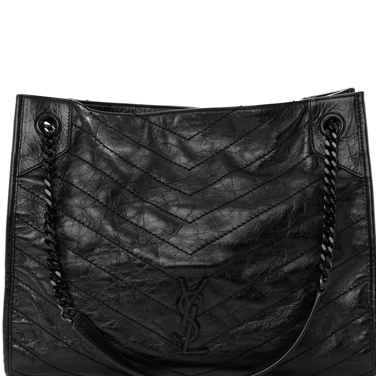 Crinkled Calfskin Matelasse Monogram Medium Niki Shopper Tote Black