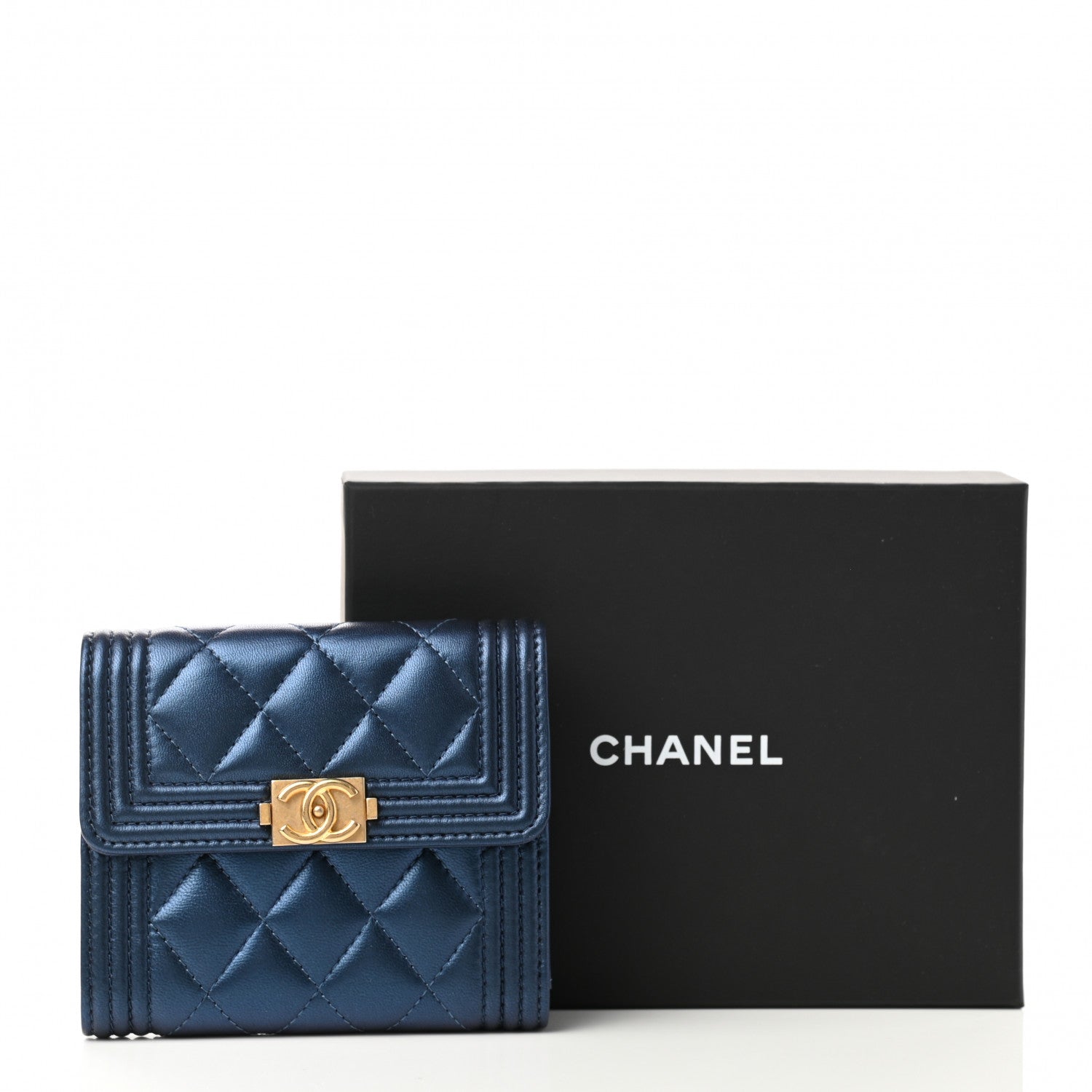 Chanel Metallic Lambskin Quilted Compact Boy Wallet Blue 9 of 9