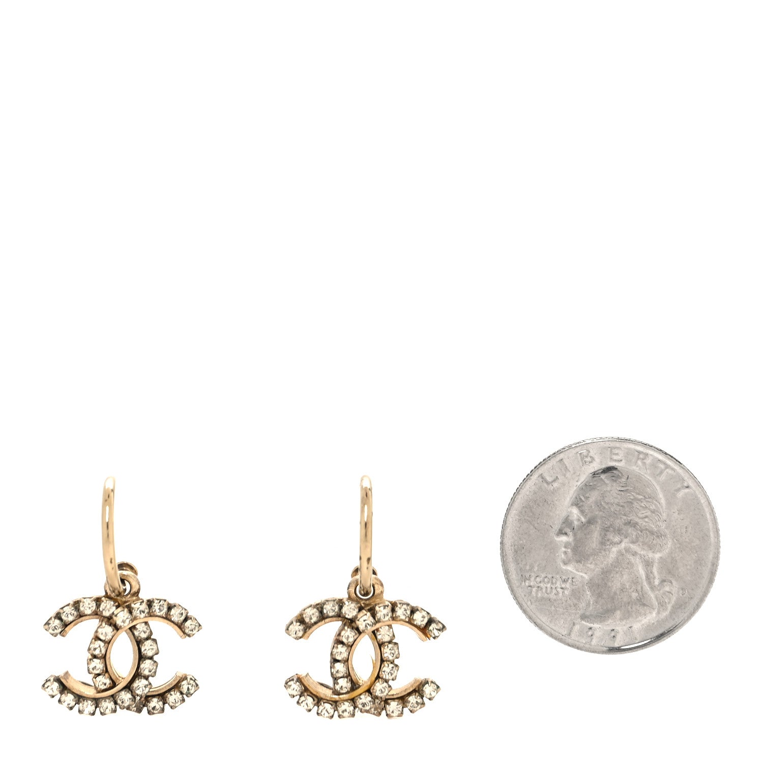 Chanel Metal Crystal Studded CC Hoop Drop Earrings Gold 2 of 5