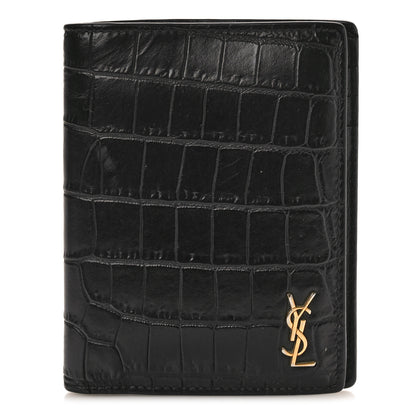 Saint Laurent Calfskin Crocodile Embossed Tiny Monogram Credit Card Wallet Black 1 of 9