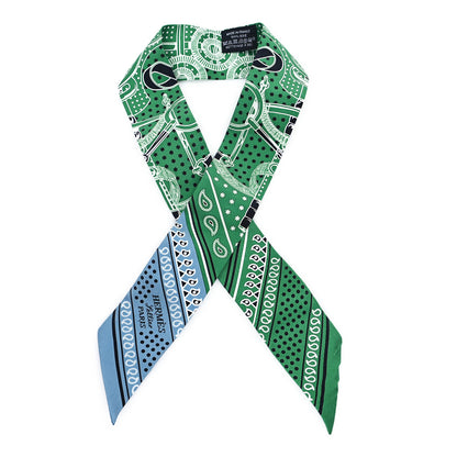 Hermes Silk Eperon d'Or Bandana Twilly Vert Bleu Jean White 1 of 3