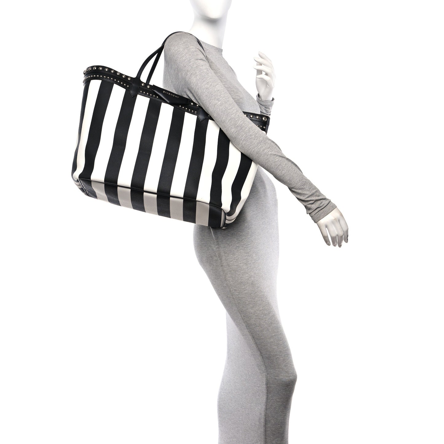 Coated Canvas Striped Large Antigona Tote Black White
