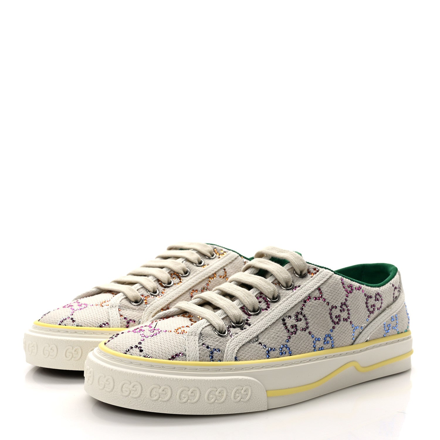 Gucci Canvas Lame Crystal GG Monogram Womens 1977 Tennis Sneakers 36 Gardenia Silver Mystic White 3 of 8