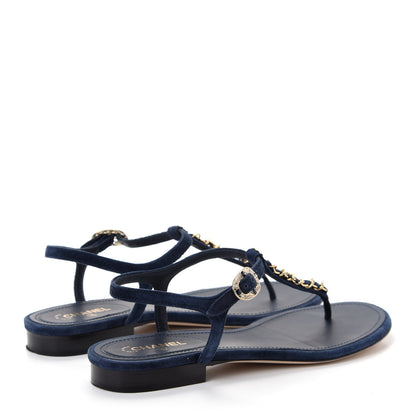 Chanel Suede Calfskin Thong Sandals 38.5 Navy Blue 4 of 10