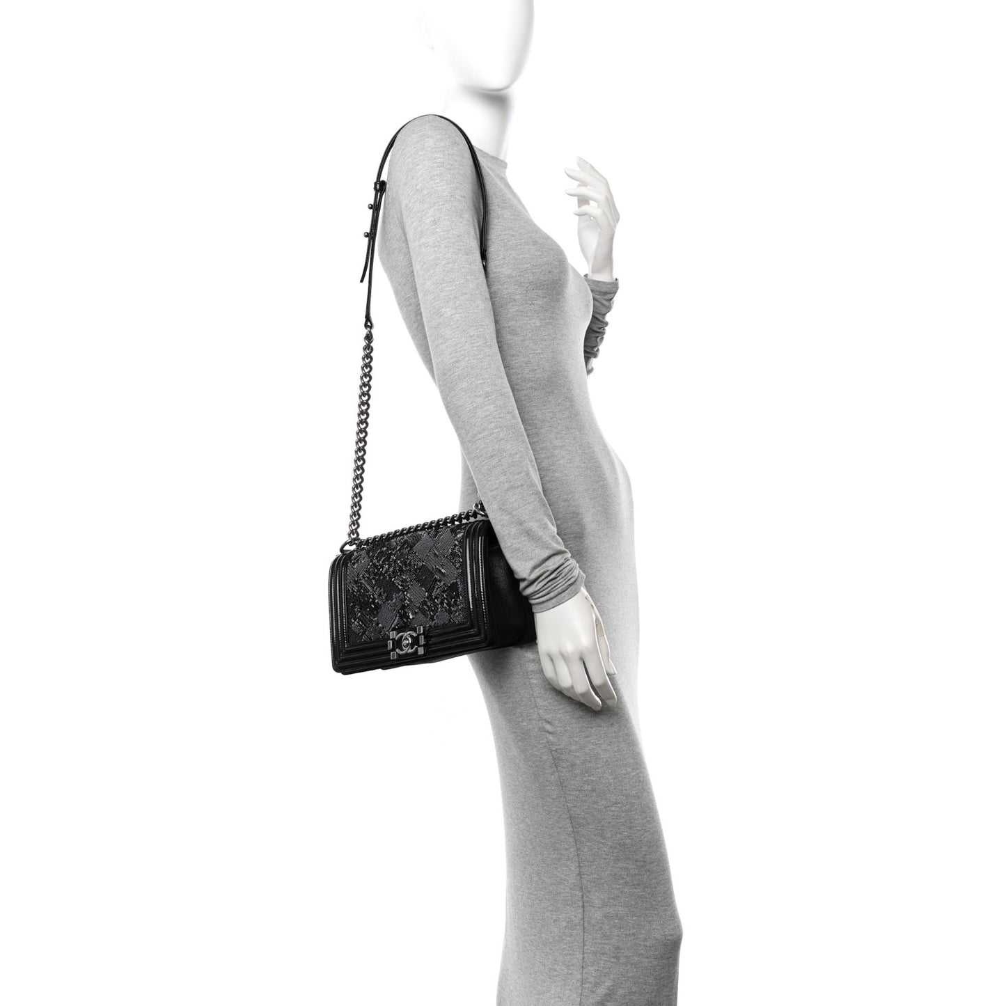 Patent Iridescent Calfskin Sequin Medium Boy Flap Bag Black