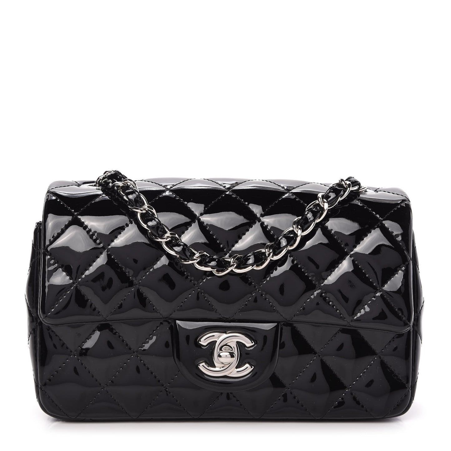 Patent Calfskin Quilted Mini Rectangular Flap Black