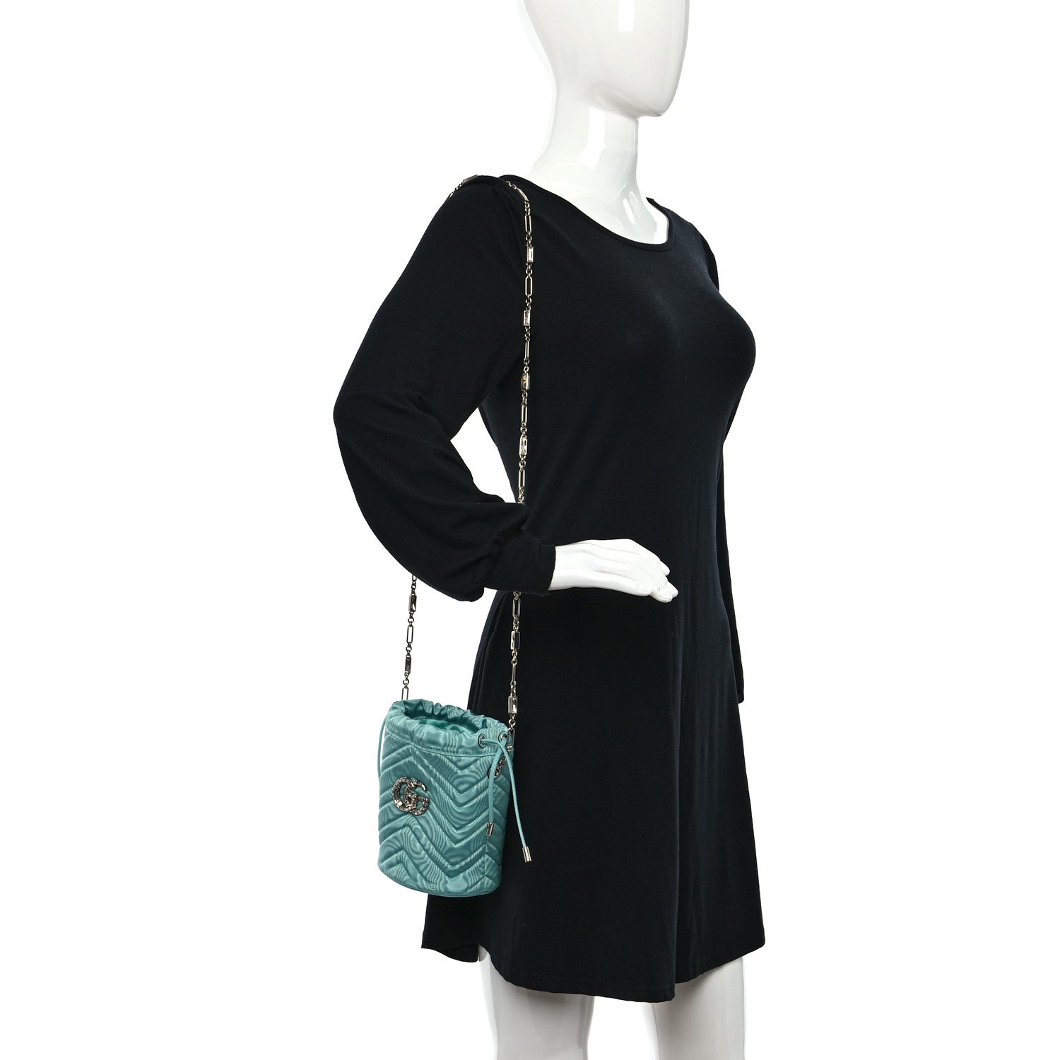 Gucci Moire Fabric Calfskin Crystal Matelasse Mini GG Marmont 2.0 Bucket Bag Dark Ocean Wave Crystal 2 of 10