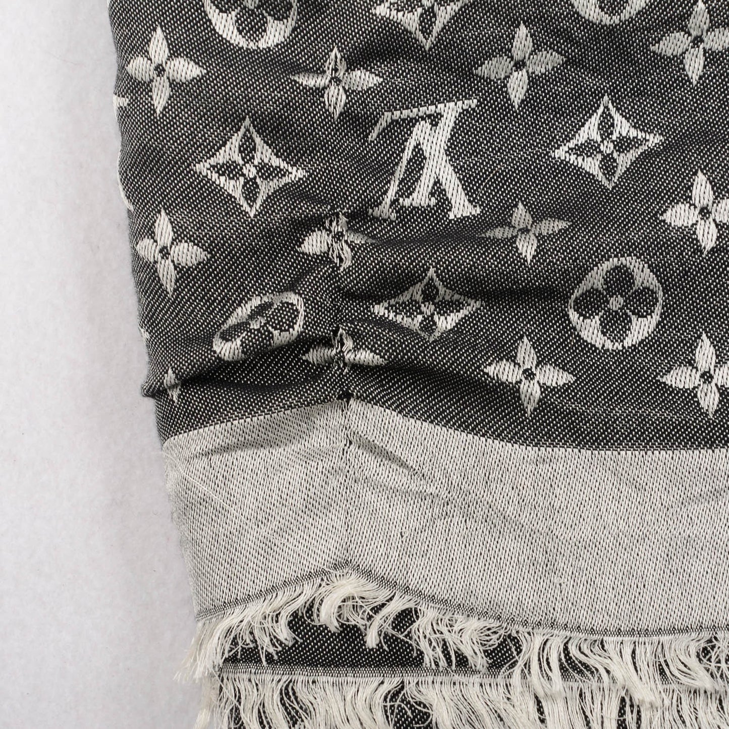 Wool Silk Monogram Denim Shawl Black