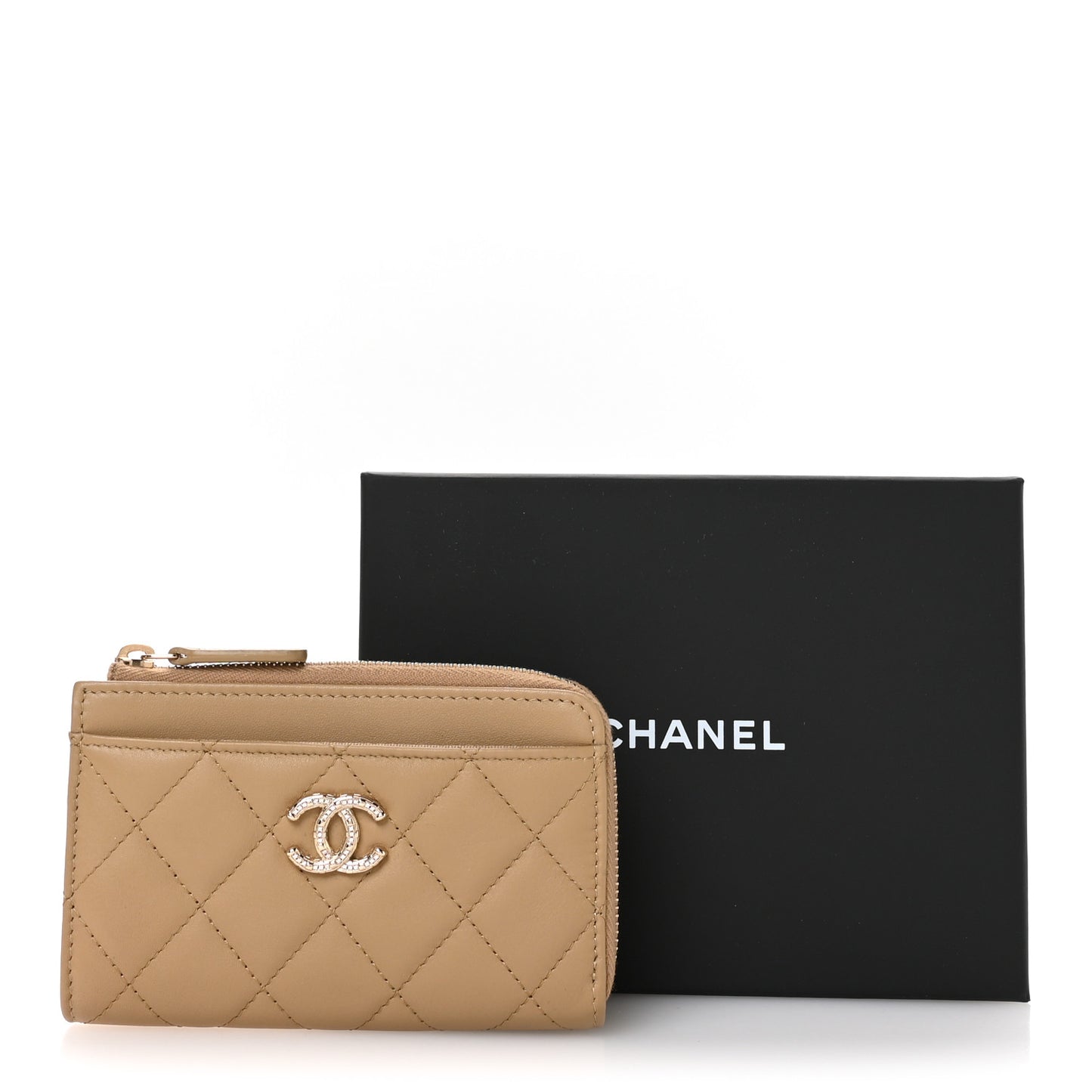 Lambskin Quilted Crystal CC Zip Card Holder Dark Beige