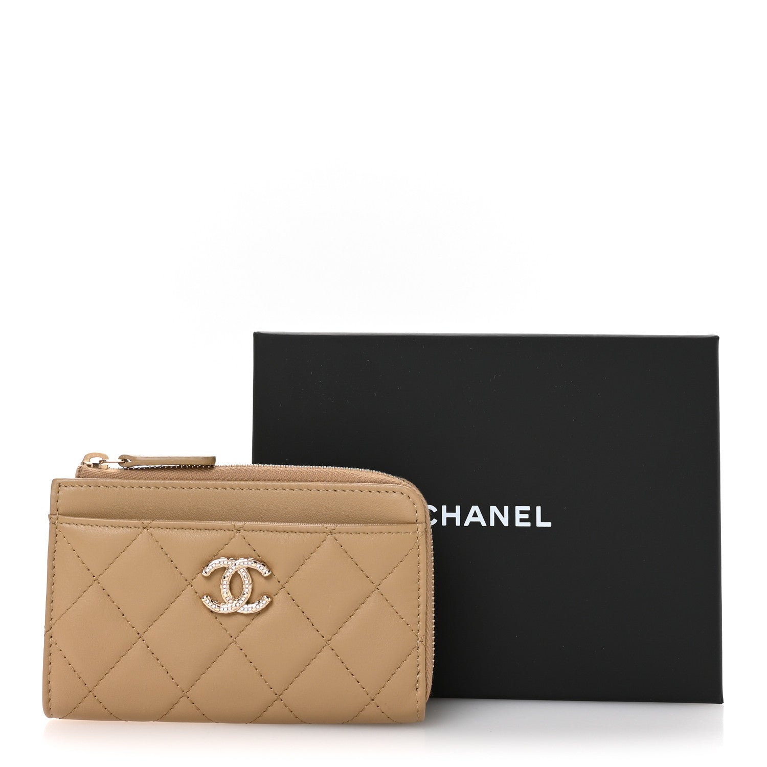 Chanel Lambskin Quilted Crystal CC Zip Card Holder Dark Beige 8 of 8