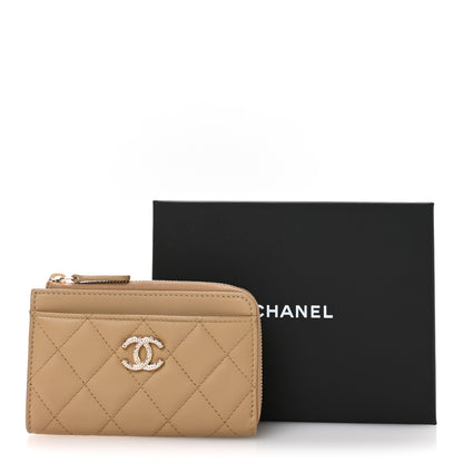 Chanel Lambskin Quilted Crystal CC Zip Card Holder Dark Beige 8 of 8