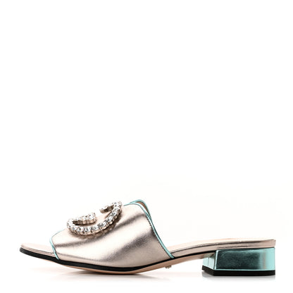 Gucci Metallic Nappa Crystal Interlocking G Slide Sandals 35.5 Glacial Shabby 1 of 12