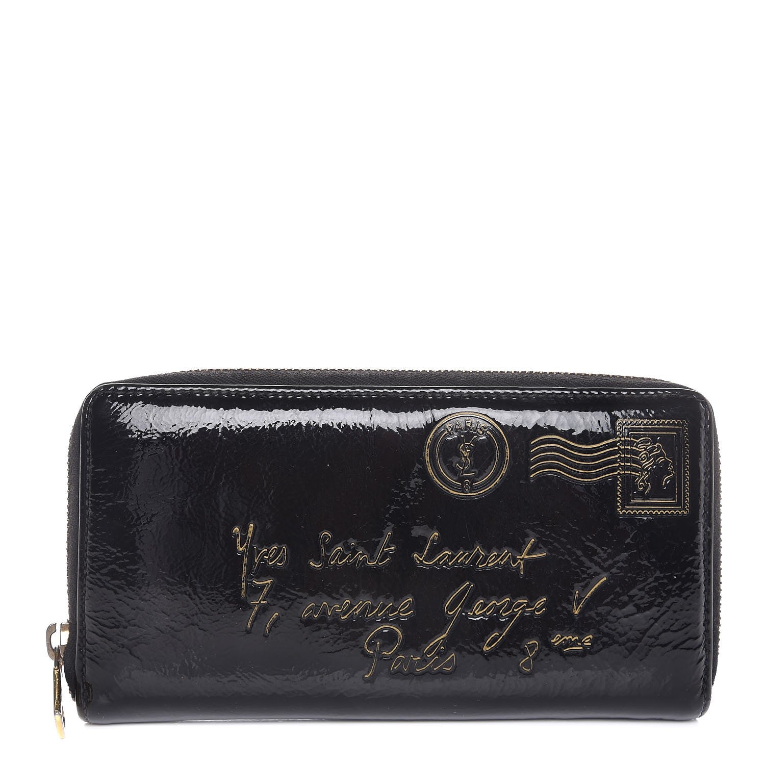 Saint Laurent Patent Y Mail Zip Around Wallet Black 1 of 7