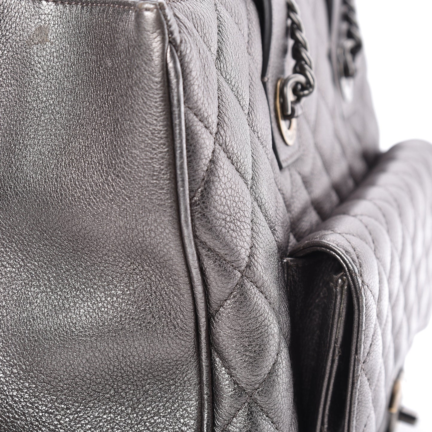 Metallic Grained Calfskin Quilted Large Casual Pocket Tote Silver