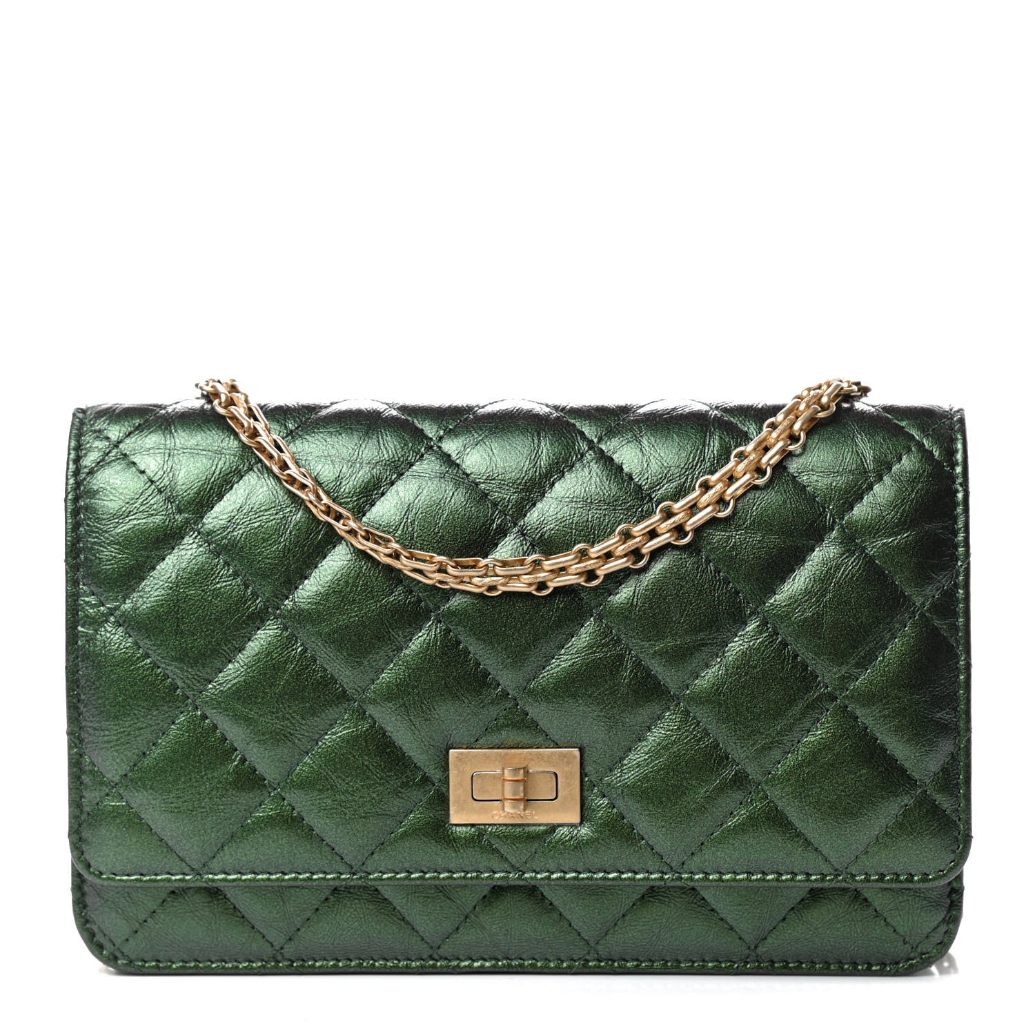 Chanel Metallic Aged Calfskin Quilted 2.55 Reissue Wallet on Chain WOC Green 1 of 11