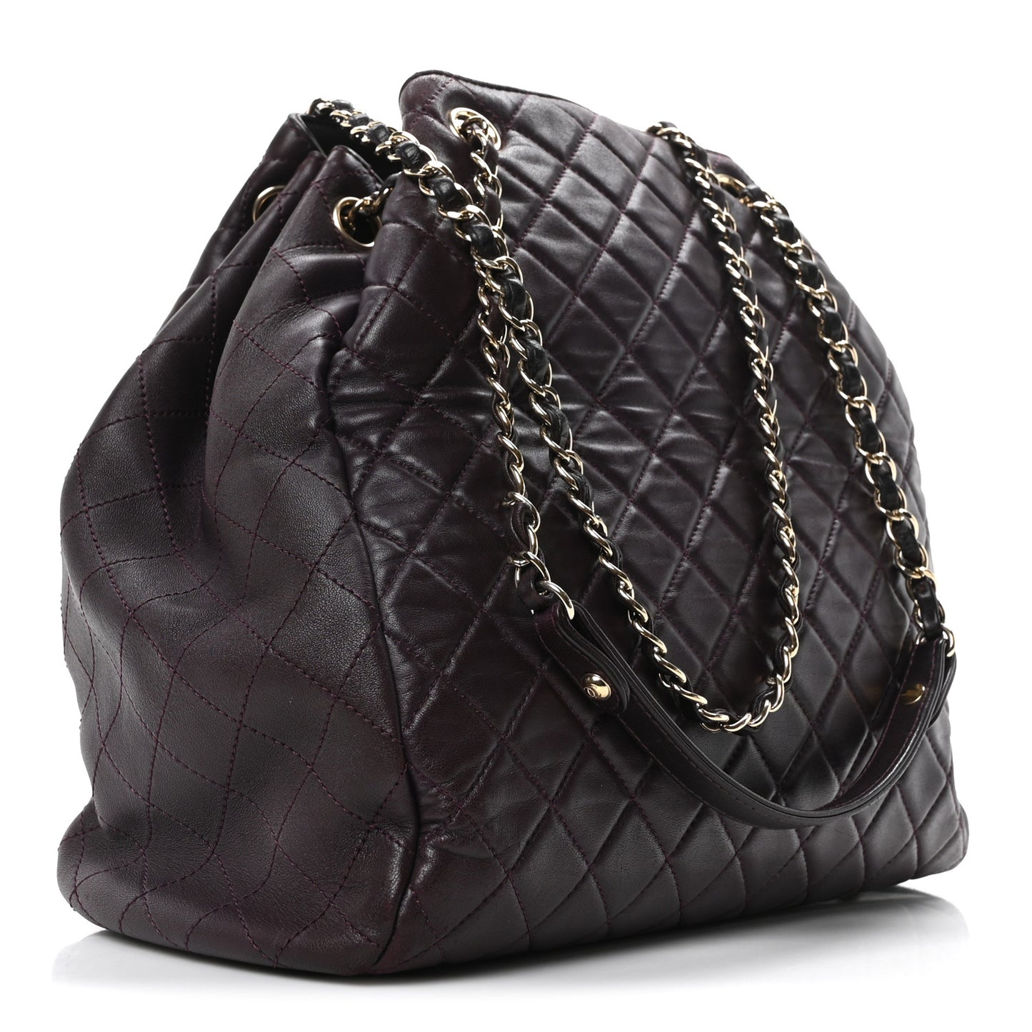 Lambskin Quilted Large Drawstring Shoulder Bag Dark Purple