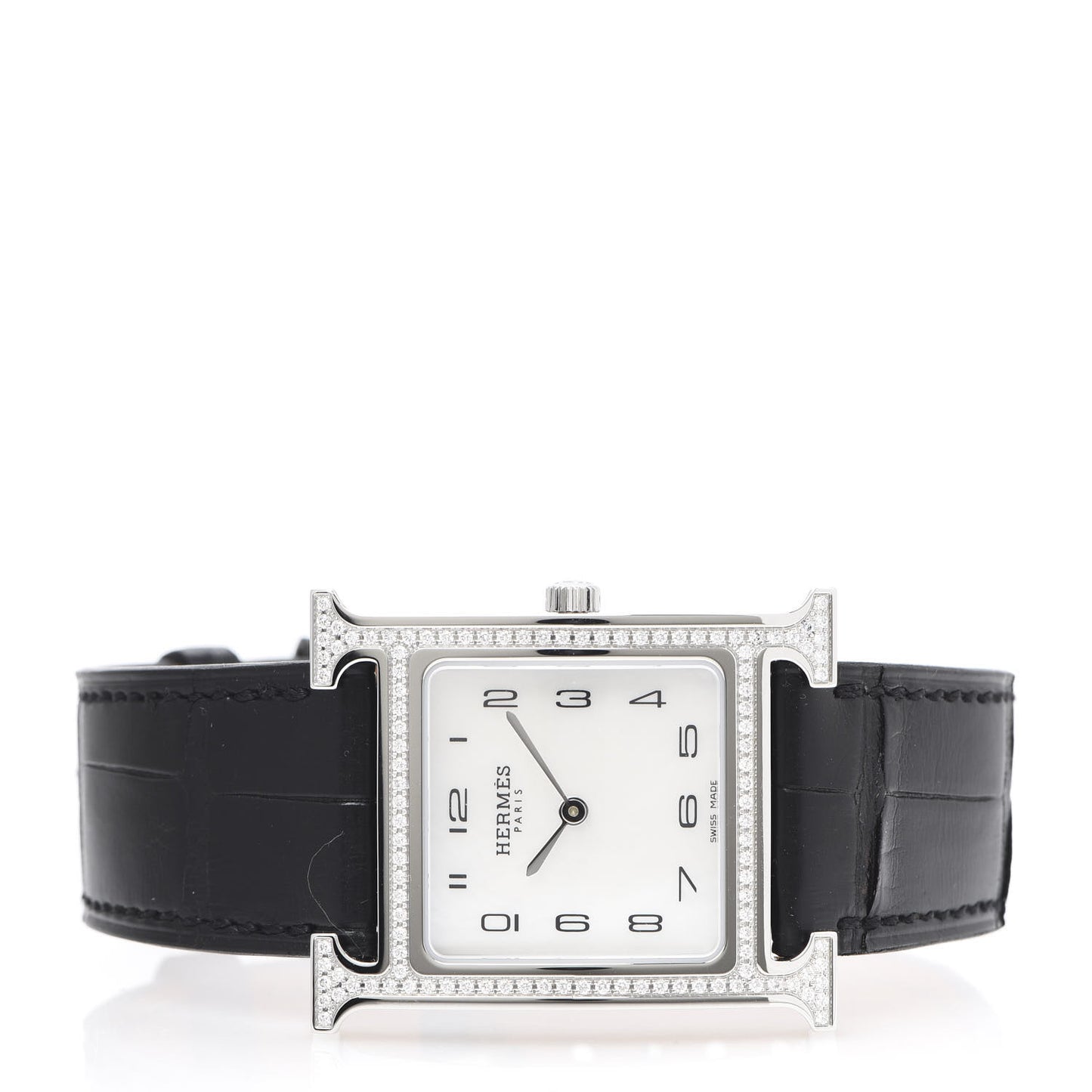 Stainless Steel Alligator Diamond Bezel Mother of Pearl 26mm Heure H Hour Quartz Watch Noir